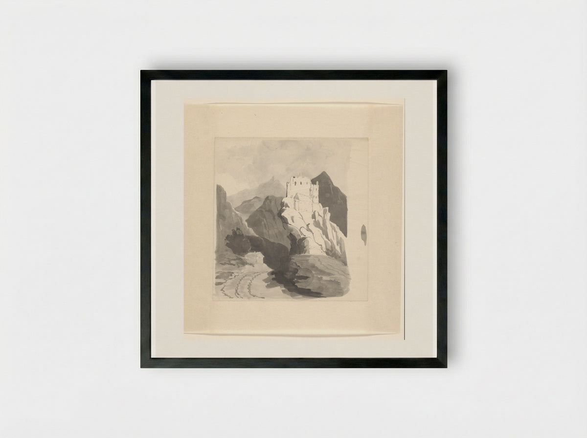 Berglandschap met een kasteel - Johannes van Reijn - Framed Print Black