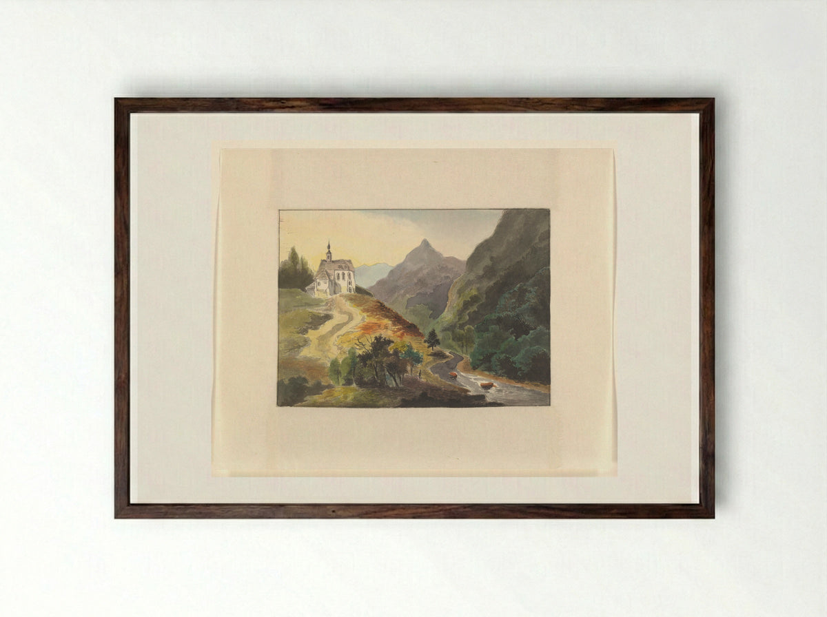 Berglandschap met een kerk bij een rivier - Johannes van Reijn - Framed Print Dark Wood