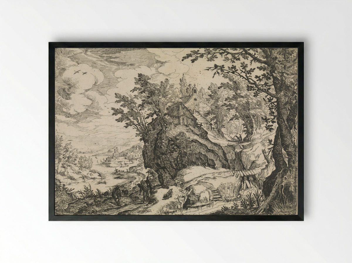 Berglandschap met een kerk - Nicolas Moillon - Framed Print Black