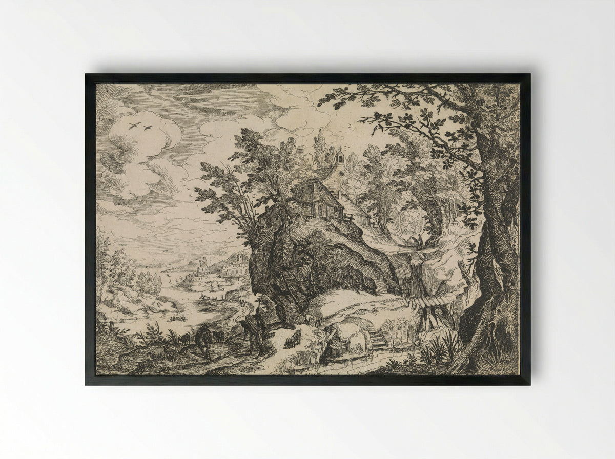 Berglandschap met een kerk - Nicolas Moillon - Framed Print Black
