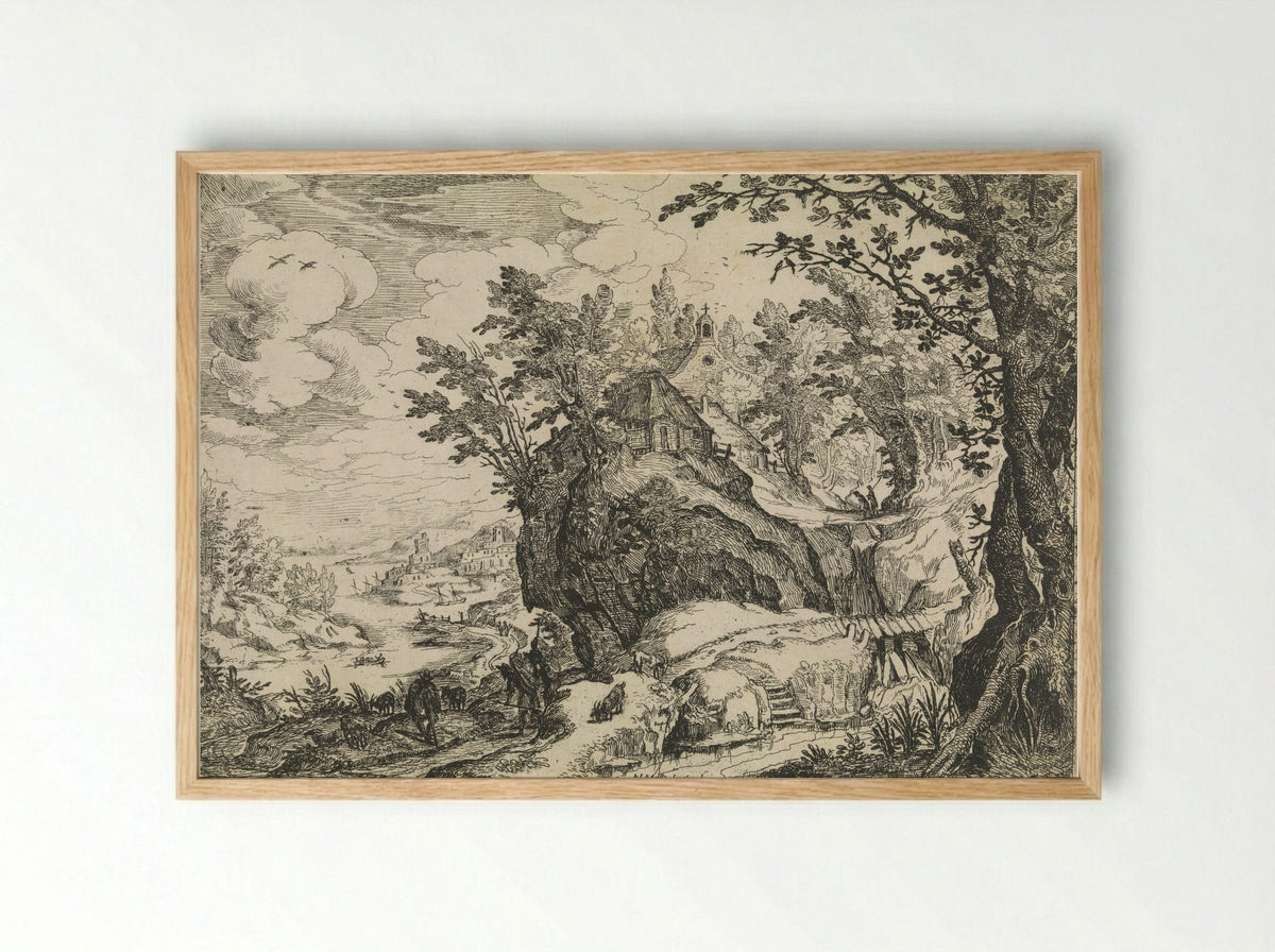 Berglandschap met een kerk - Nicolas Moillon - Framed Print Wood