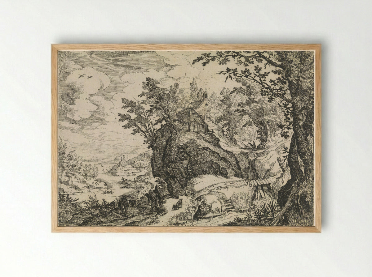 Berglandschap met een kerk - Nicolas Moillon - Framed Print Wood