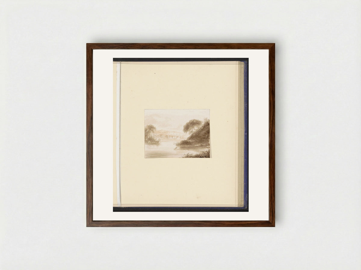 Berglandschap met een rivier en bebouwing - Alexander Ver Huell - Framed Print Dark Wood