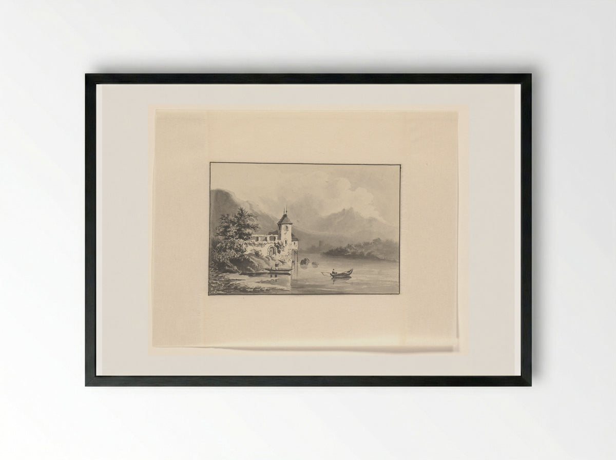 Berglandschap met een ruïne aan het water - Johannes van Reijn - Framed Print Black