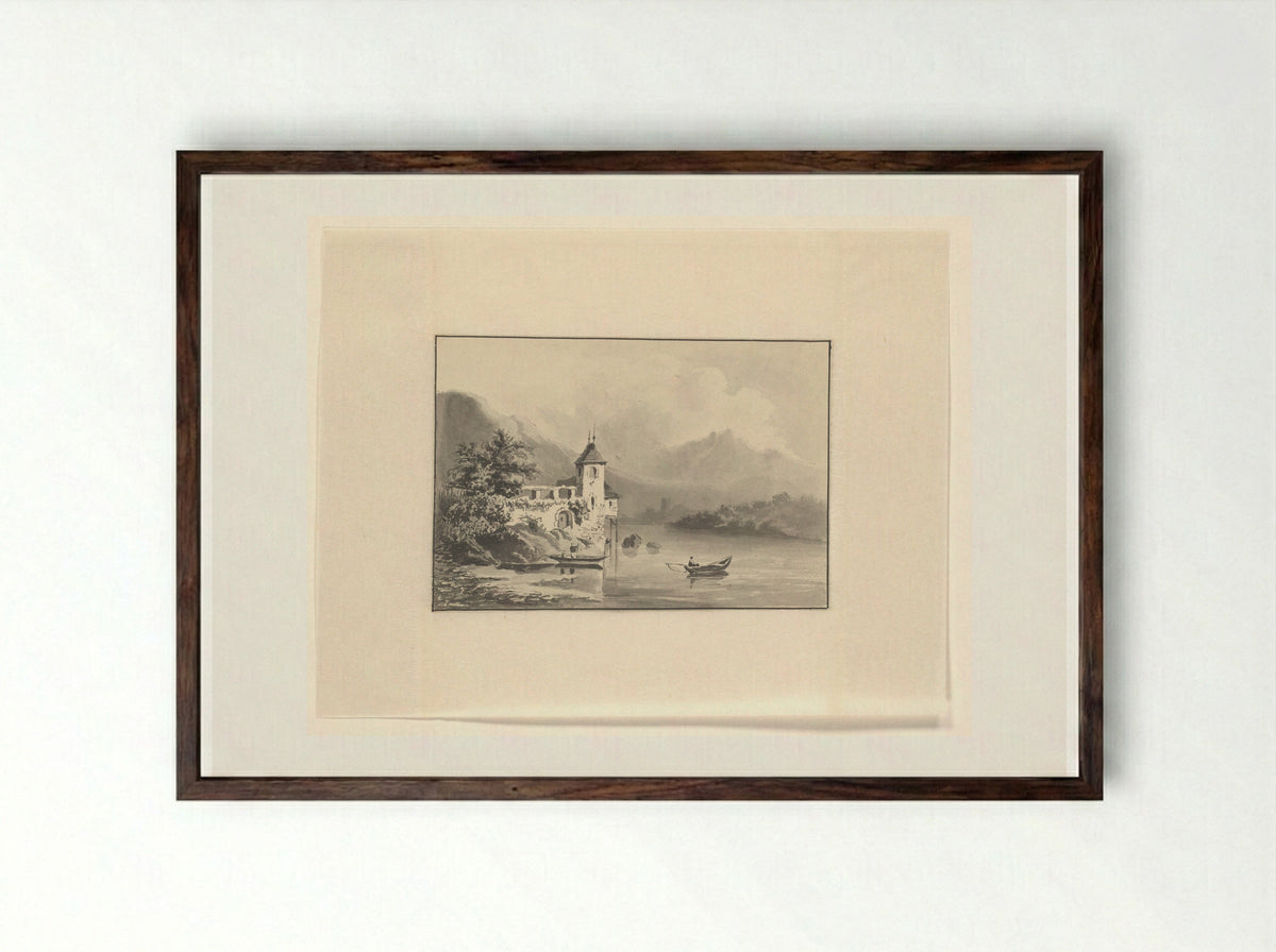 Berglandschap met een ruïne aan het water - Johannes van Reijn - Framed Print Dark Wood