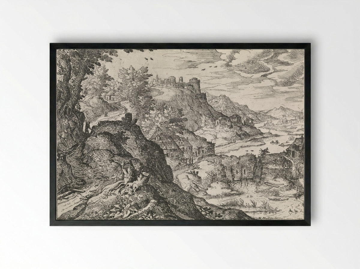 Berglandschap met een watermolen - Nicolas Moillon - Framed Print Black