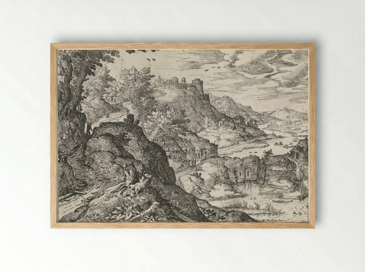 Berglandschap met een watermolen - Nicolas Moillon - Framed Print Wood