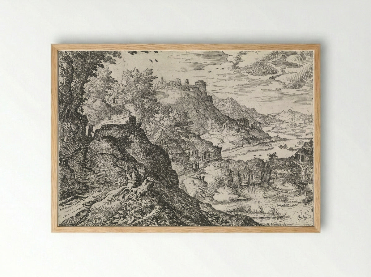 Berglandschap met een watermolen - Nicolas Moillon - Framed Print Wood