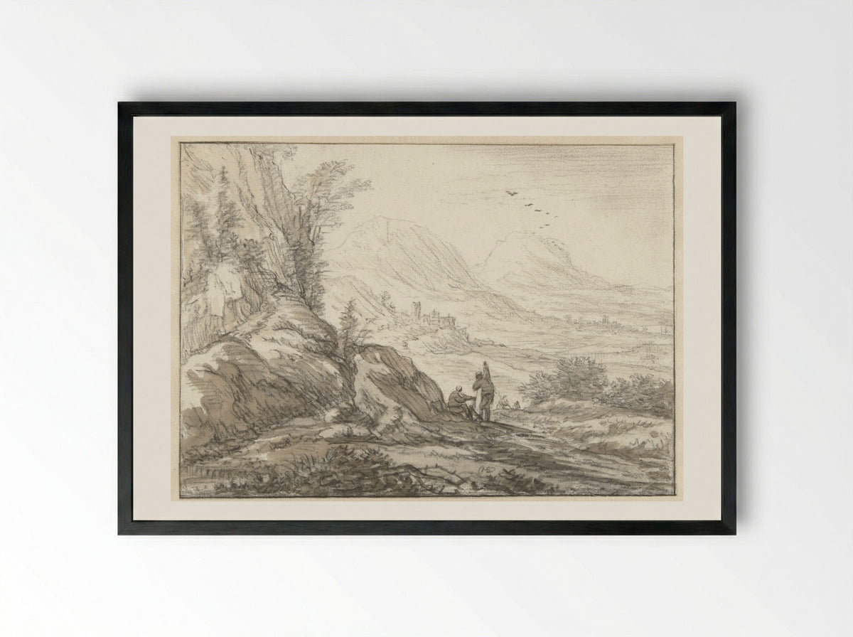 Berglandschap met gezicht op een dal - Herman Saftleven - Framed Print Black