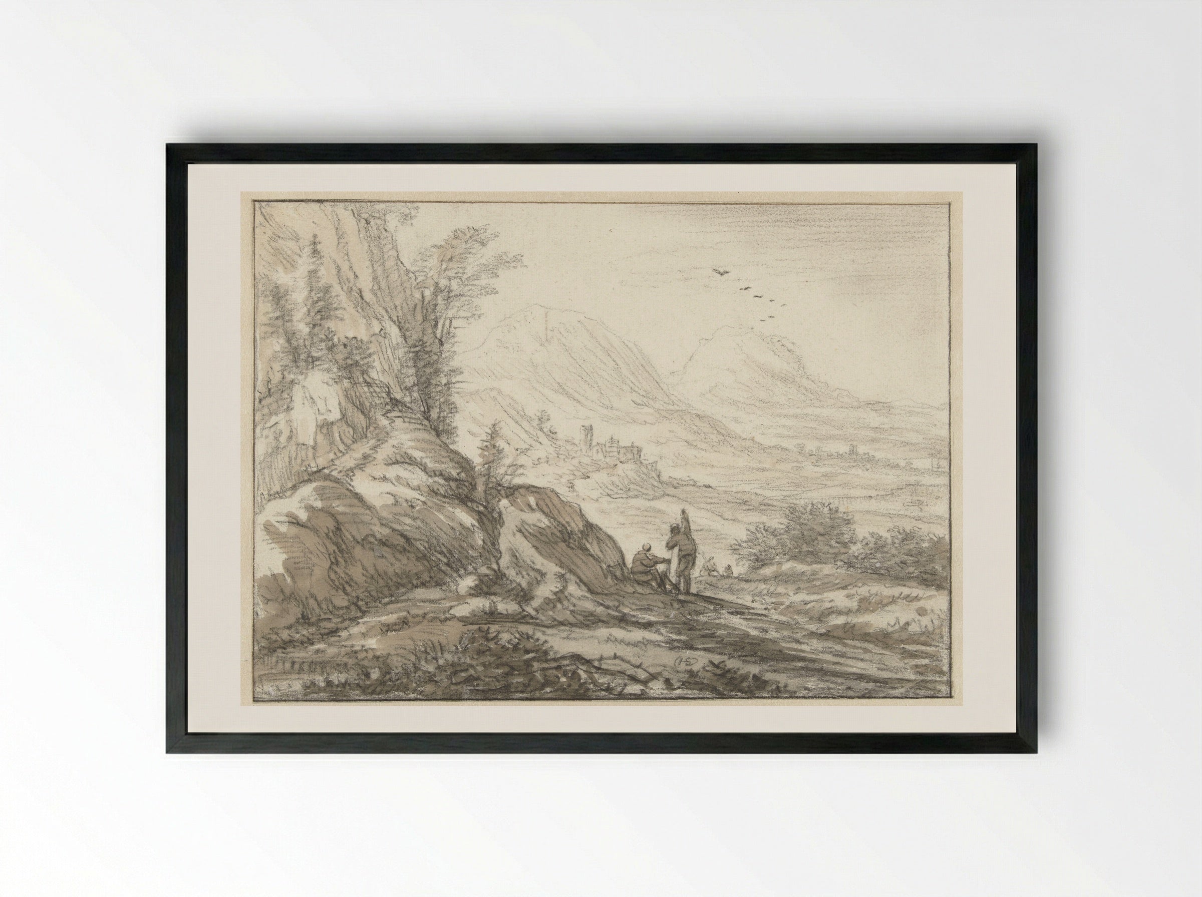 Berglandschap met gezicht op een dal - Herman Saftleven - Framed Print Black