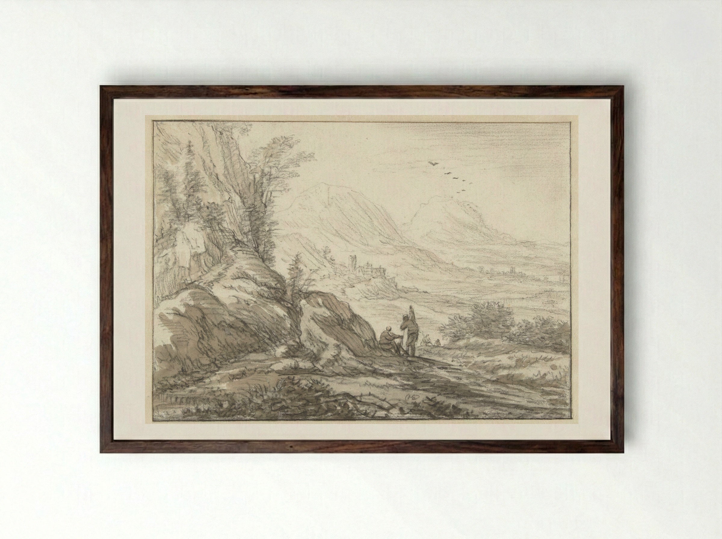 Berglandschap met gezicht op een dal - Herman Saftleven - Framed Print Dark Wood