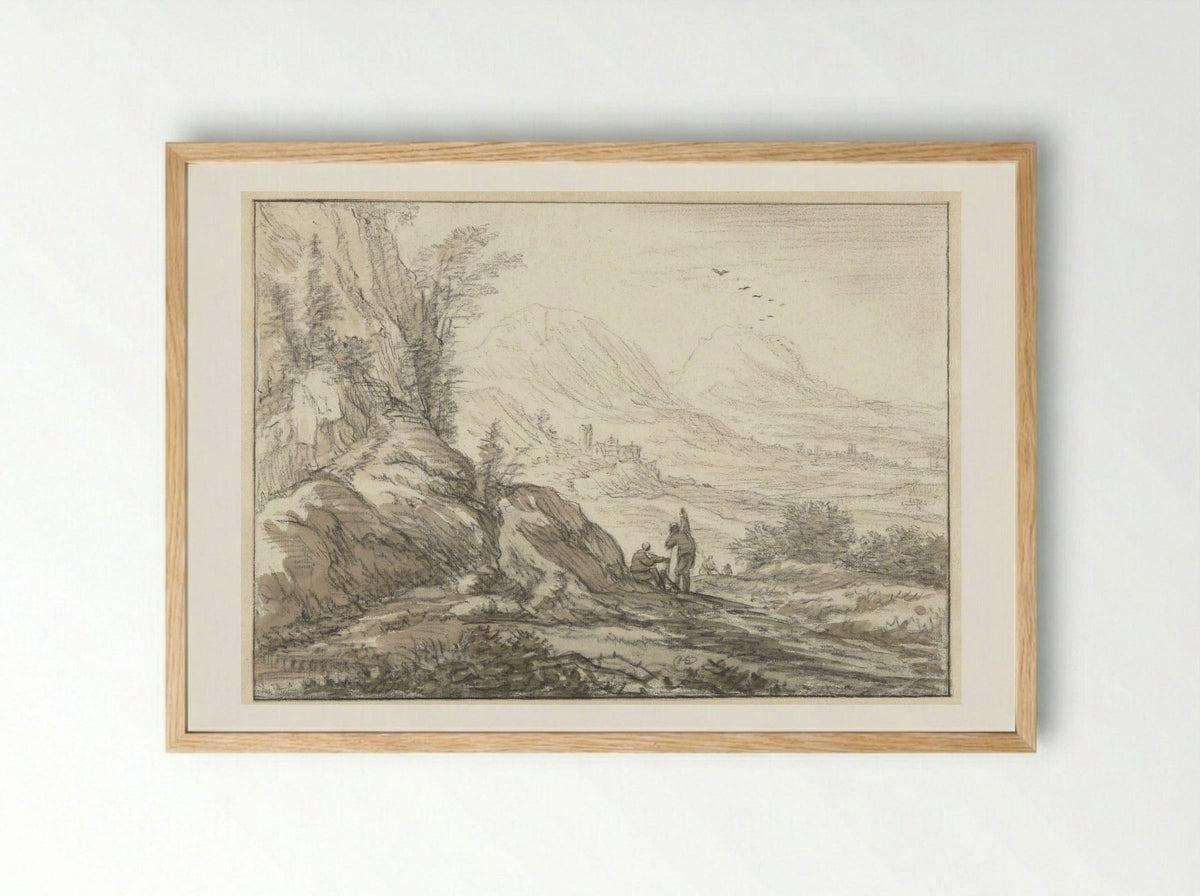 Berglandschap met gezicht op een dal - Herman Saftleven - Framed Print Wood