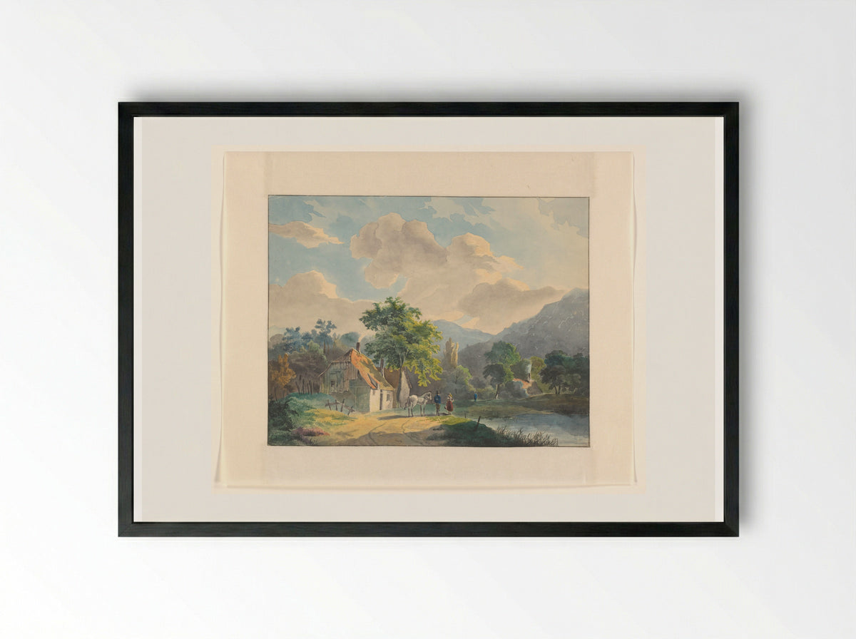 Berglandschap met huizen bij een rivier - Johannes van Reijn - Framed Print Black