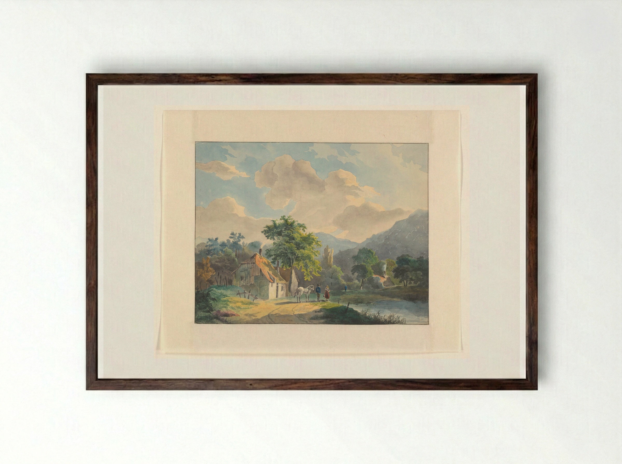 Berglandschap met huizen bij een rivier - Johannes van Reijn - Framed Print Dark Wood