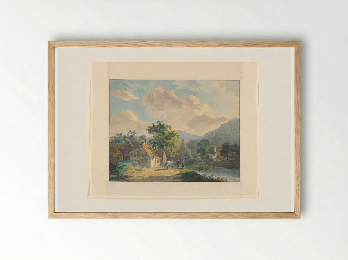 Berglandschap met huizen bij een rivier - Johannes van Reijn - Framed Print Wood
