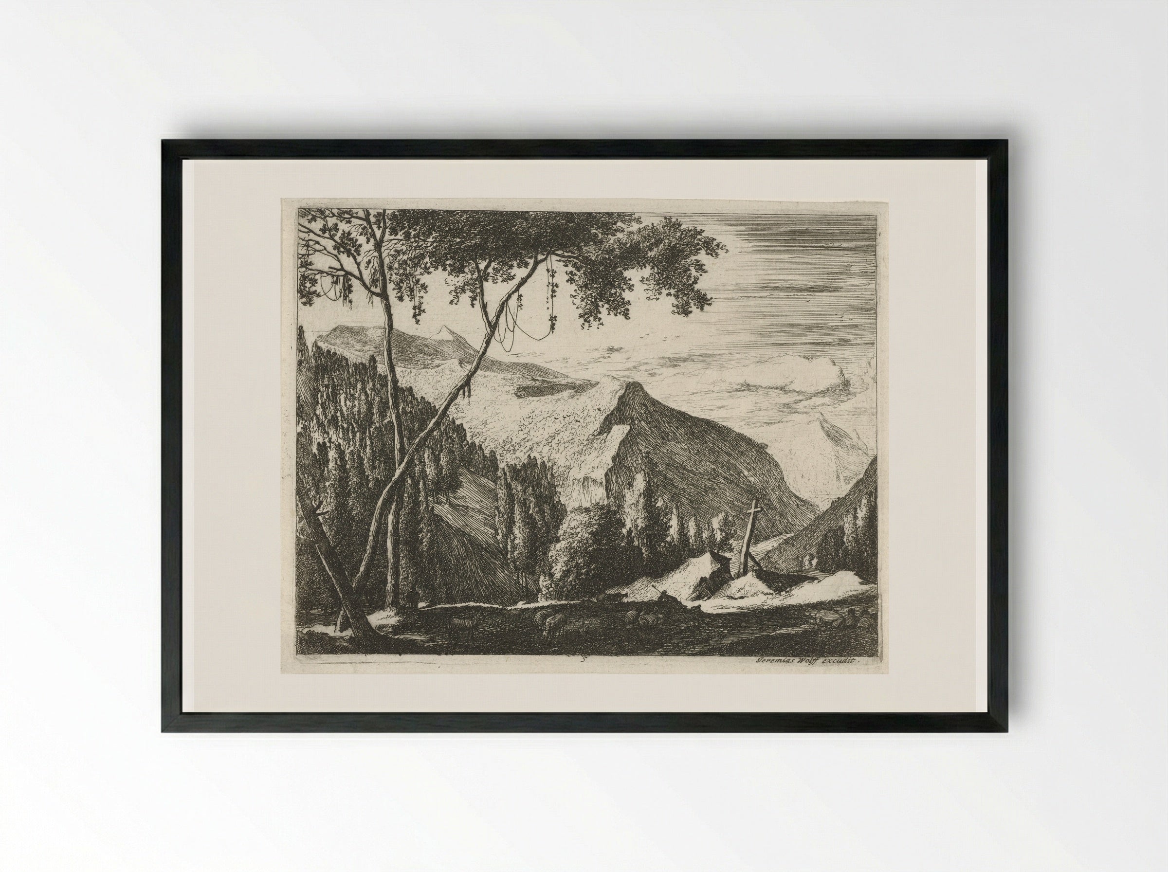 Berglandschap met kruis - Roelant Roghman - Framed Print Black
