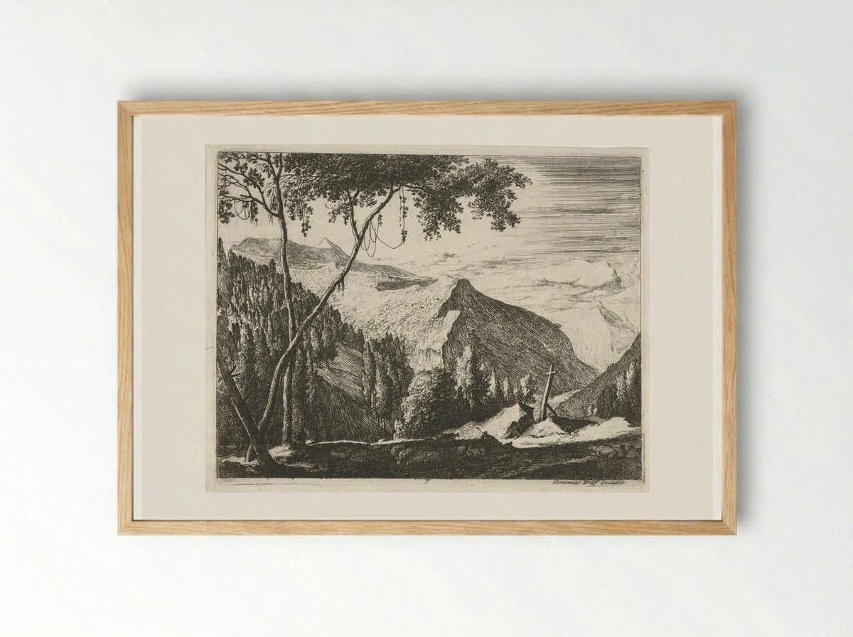 Berglandschap met kruis - Roelant Roghman - Framed Print Wood