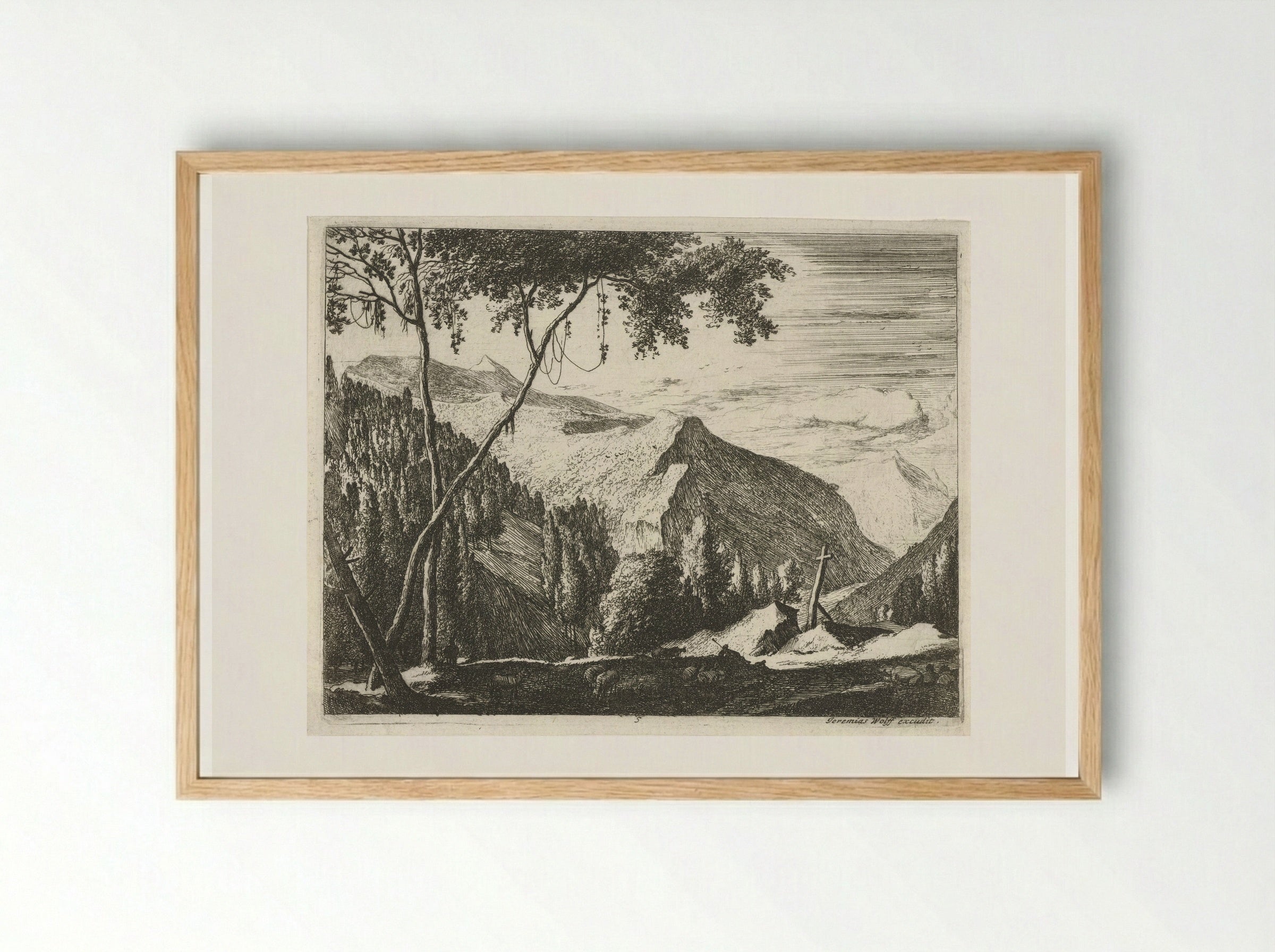 Berglandschap met kruis - Roelant Roghman - Framed Print Wood