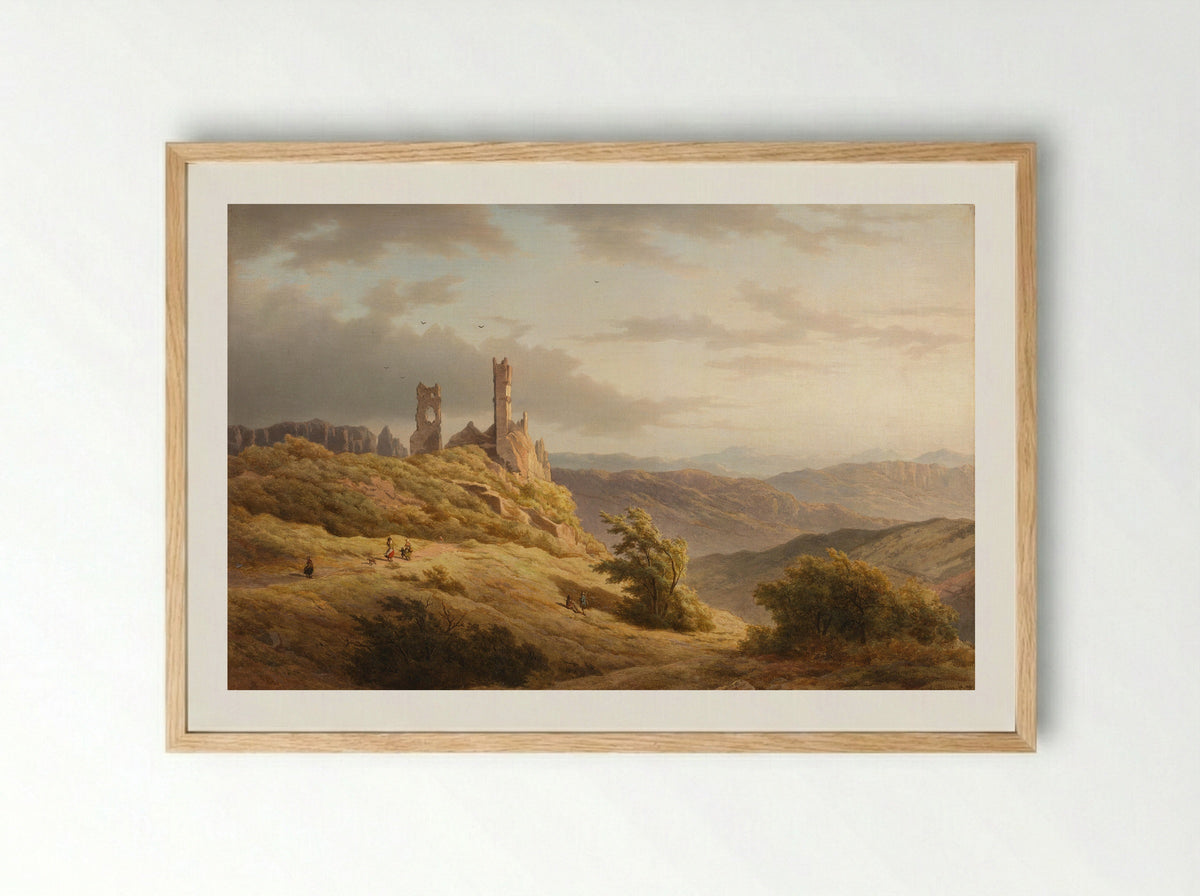 Berglandschap met ruïne - Louwrens Hanedoes - Framed Print Wood