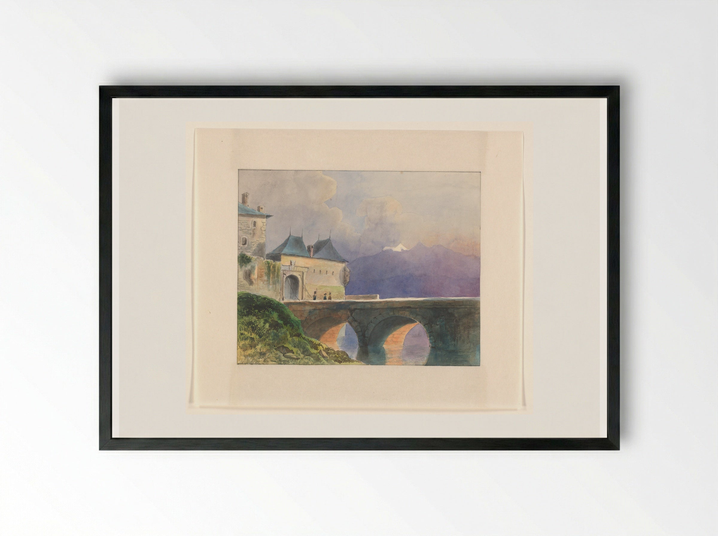 Berglandschap met stadsmuur en brug - Johannes van Reijn - Framed Print Black