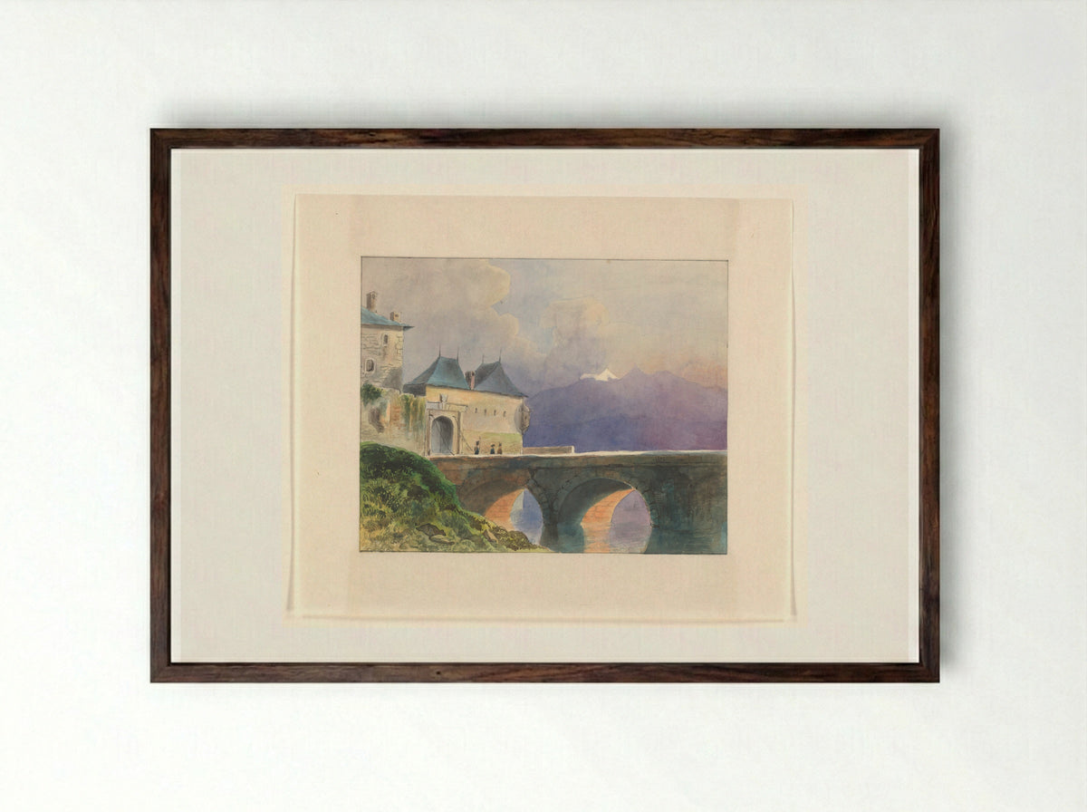 Berglandschap met stadsmuur en brug - Johannes van Reijn - Framed Print Dark Wood