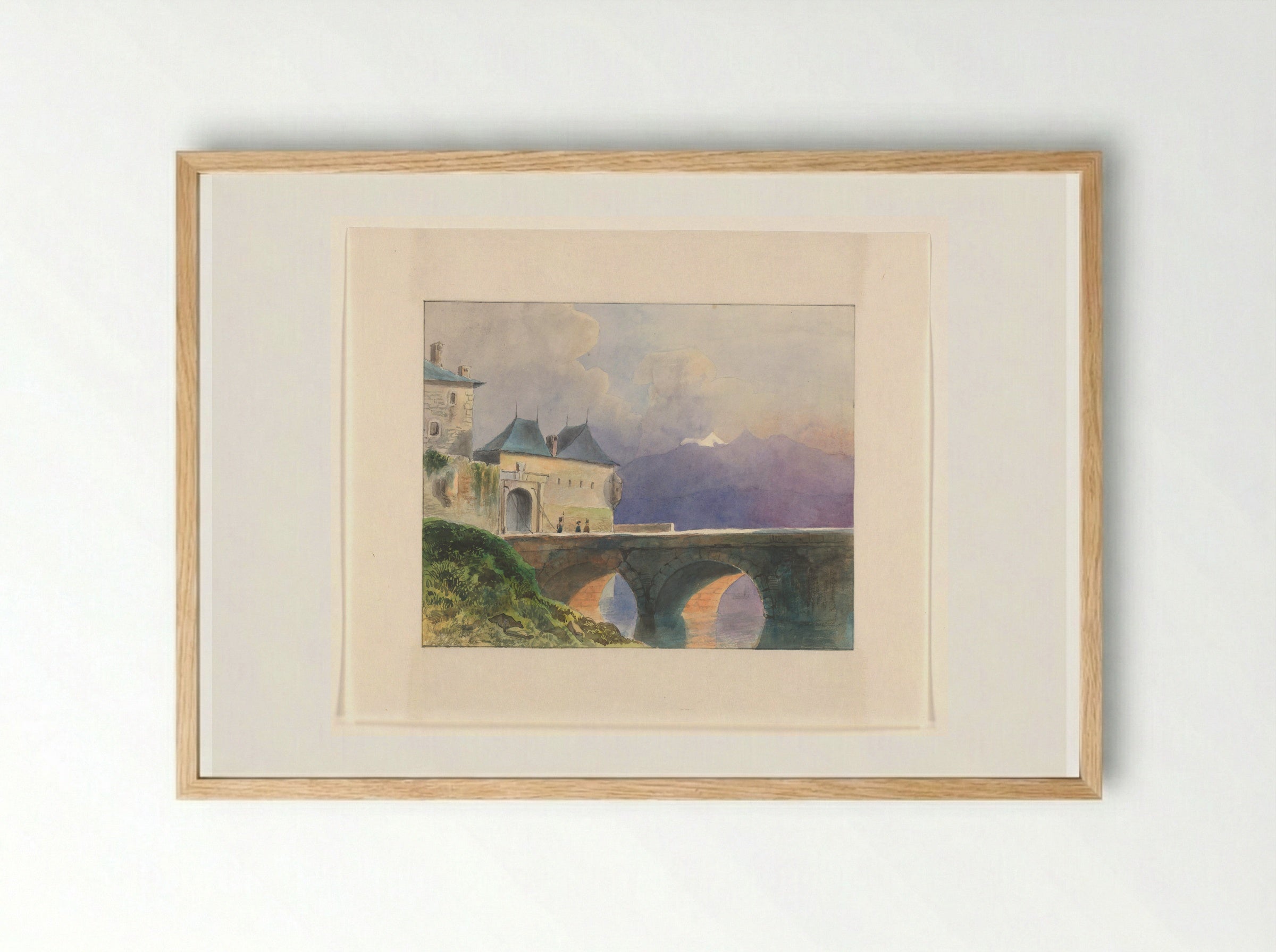 Berglandschap met stadsmuur en brug - Johannes van Reijn - Framed Print Wood