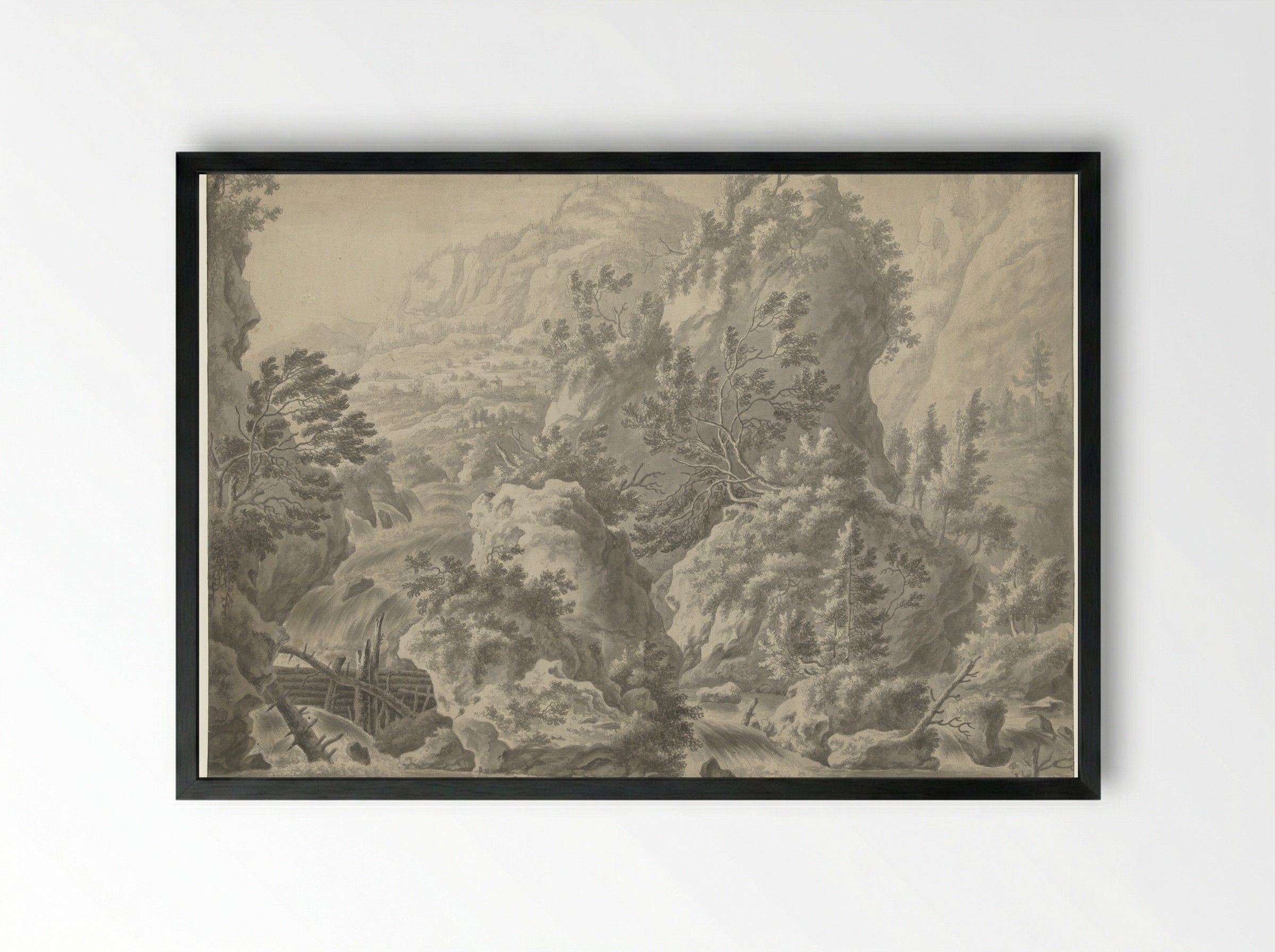 Berglandschap met waterval - Frederik de Moucheron - Framed Print Black