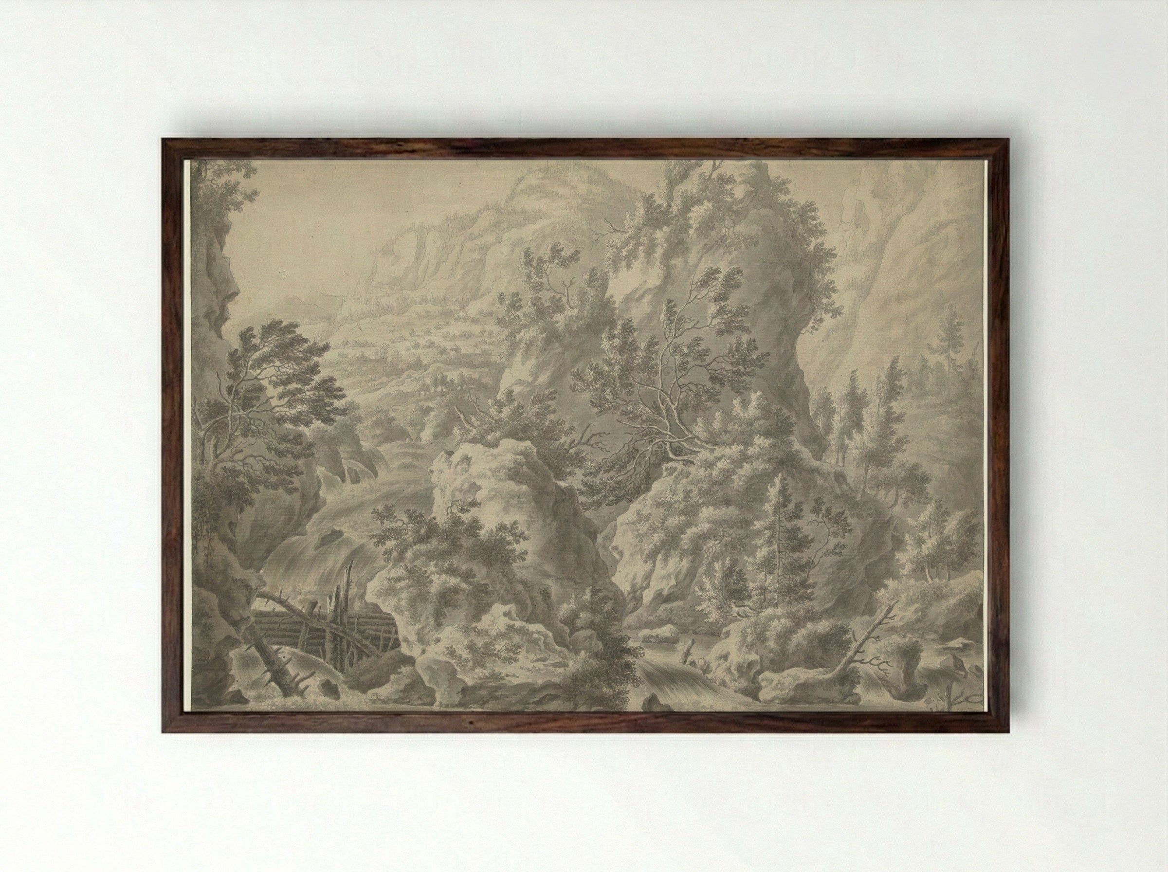 Berglandschap met waterval - Frederik de Moucheron - Framed Print Dark Wood