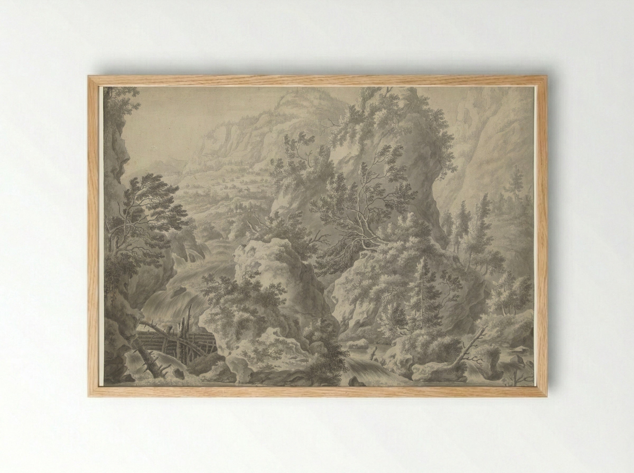 Berglandschap met waterval - Frederik de Moucheron - Framed Print Wood