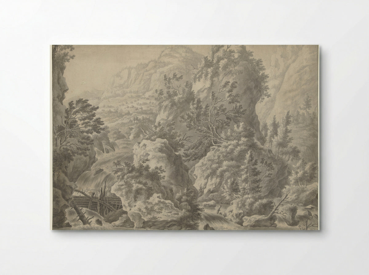 Berglandschap met waterval - Frederik de Moucheron - Poster