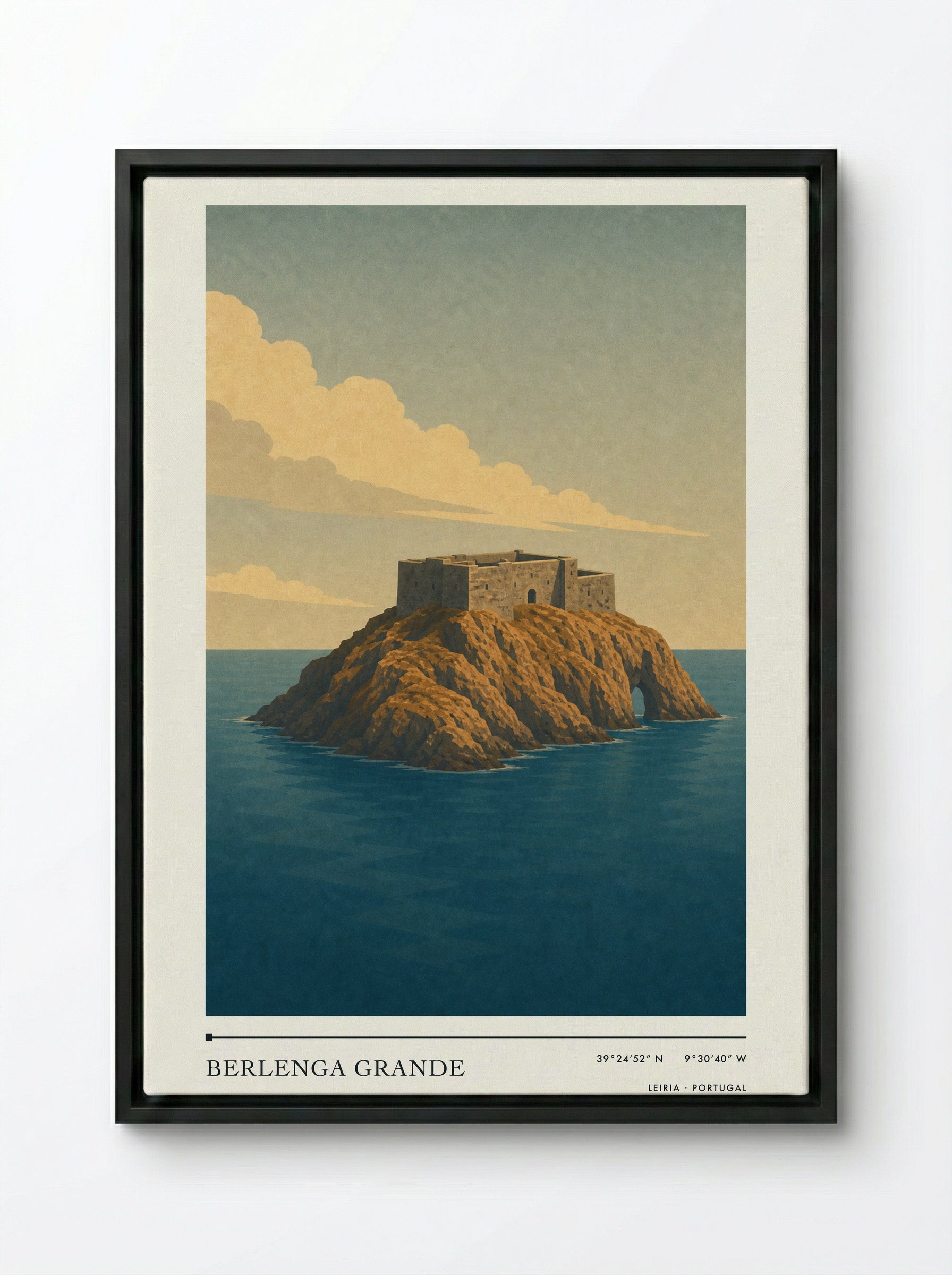 Berlenga Grande Travel Poster Artwork - Framed Canvas Black