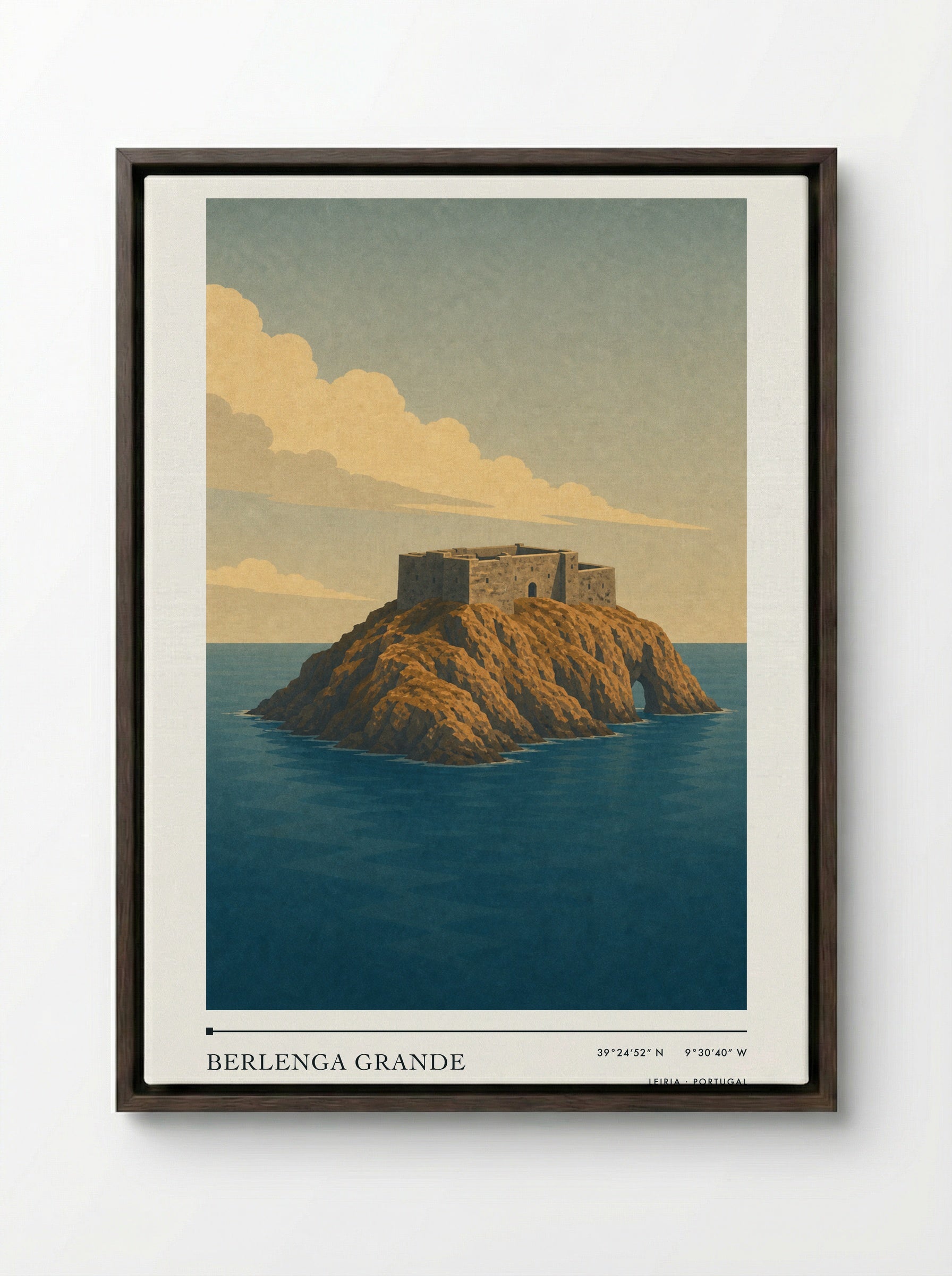 Berlenga Grande Travel Poster Artwork - Framed Canvas Dark Wood