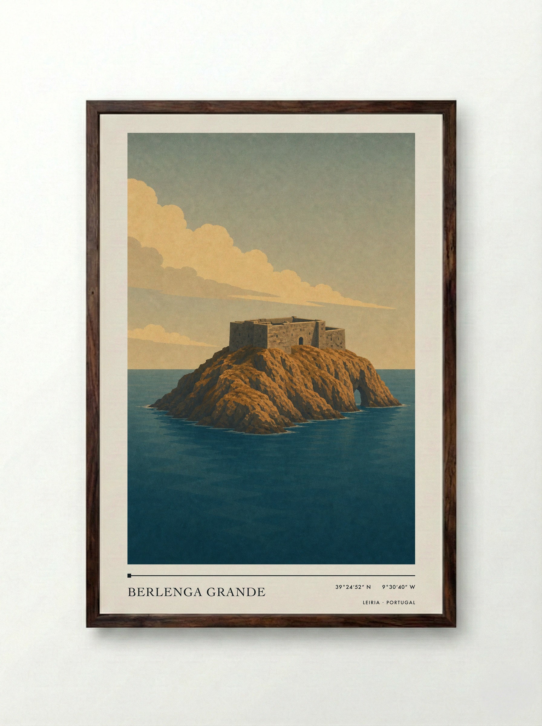 Berlenga Grande Travel Poster Artwork - Framed Print Dark Wood
