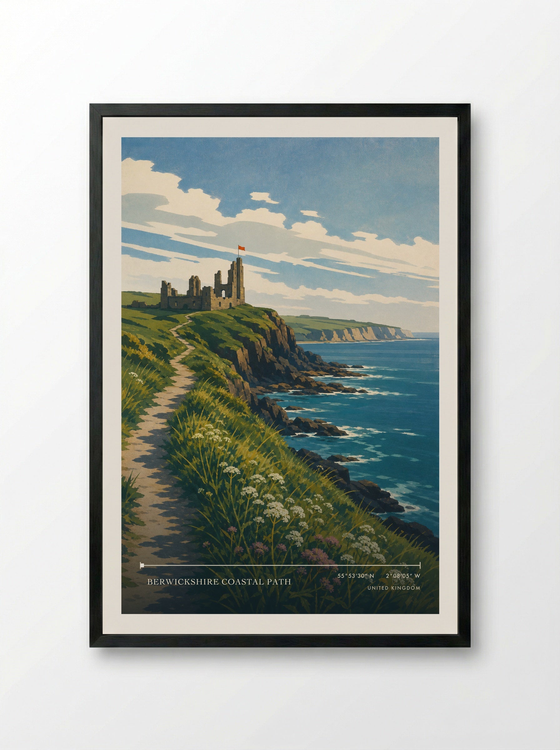 Berwickshire Coastal Path United Kingdom Travel Poster - Framed Print Black