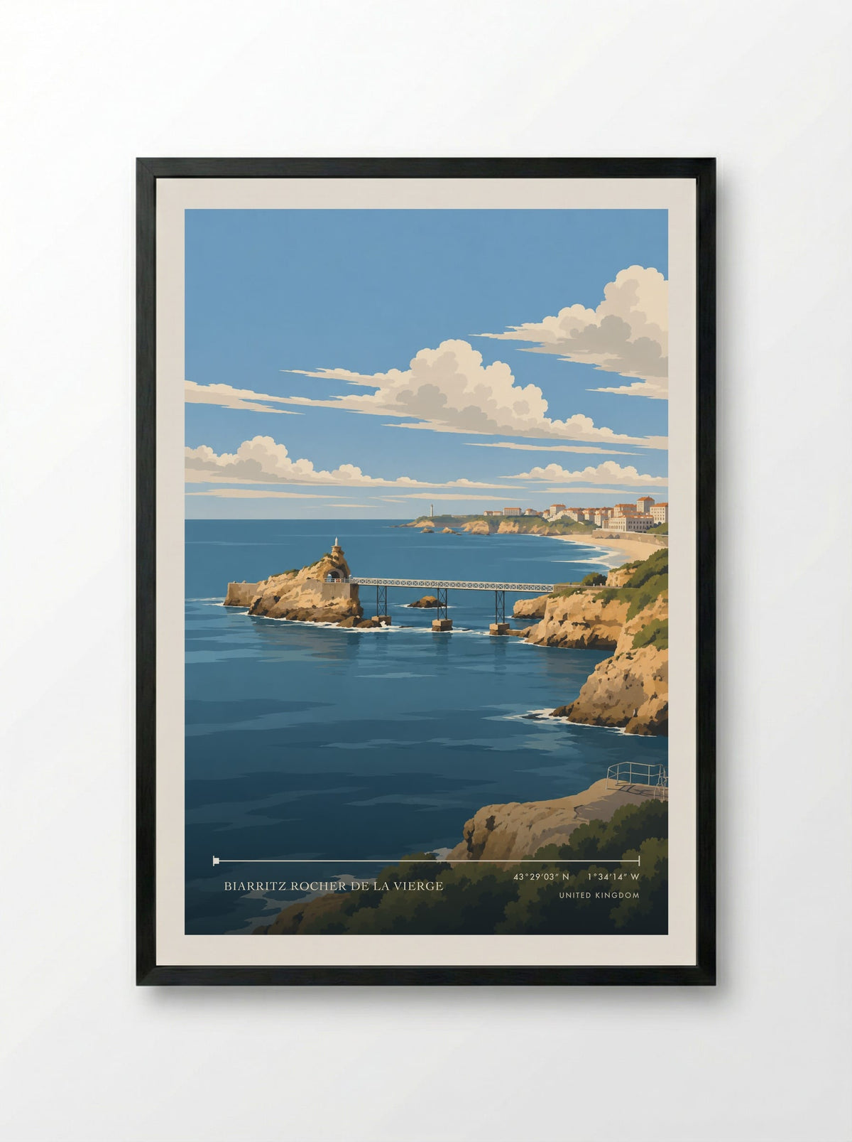 Biarritz Rocher de la Vierge Travel Poster Artwork | Travel Poster - Framed Print Black