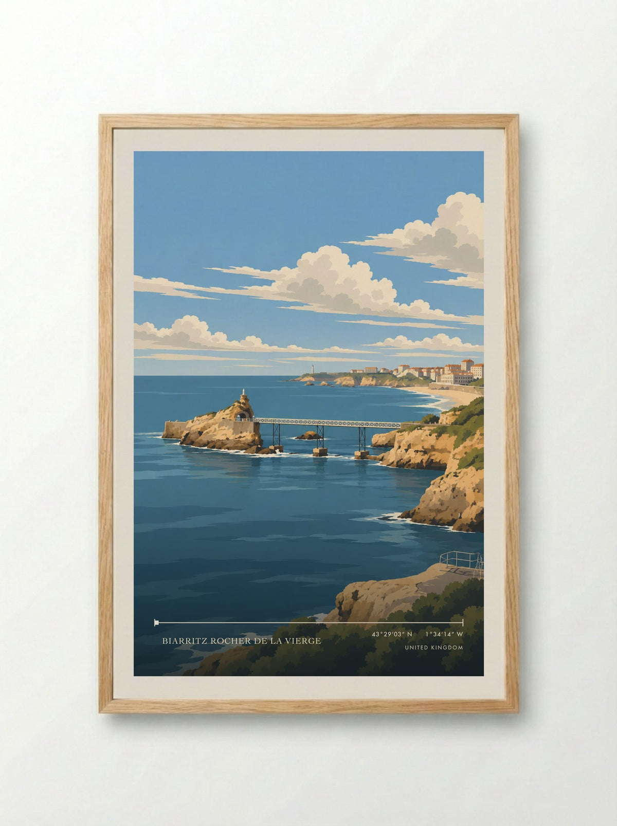 Biarritz Rocher de la Vierge Travel Poster Artwork | Travel Poster - Framed Print Wood