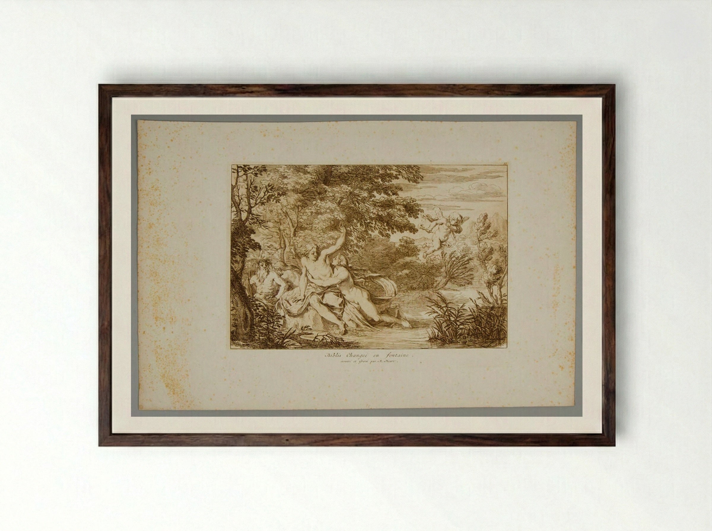 Biblis Changing into a Fountain, from Ovid's Metamorphosis - Bernard Picart - Framed Print Dark Wood