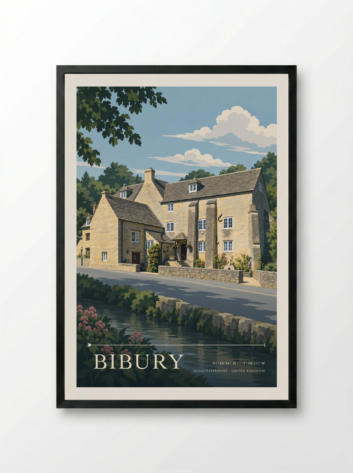 Bibury, Gloucestershire | Travel Poster - Framed Print Black