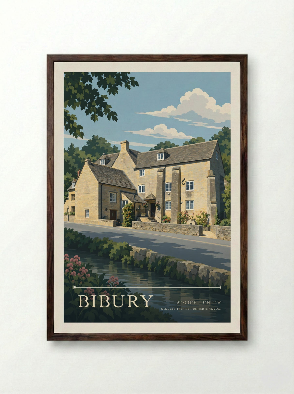 Bibury, Gloucestershire | Travel Poster - Framed Print Dark Wood