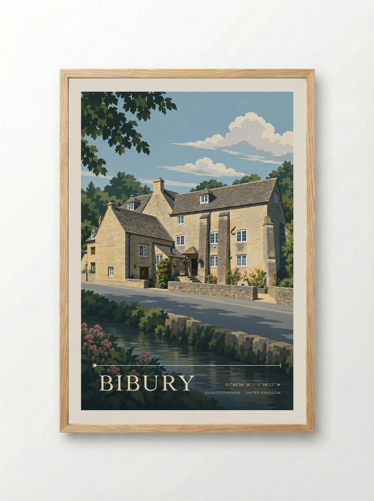 Bibury, Gloucestershire | Travel Poster - Framed Print Wood