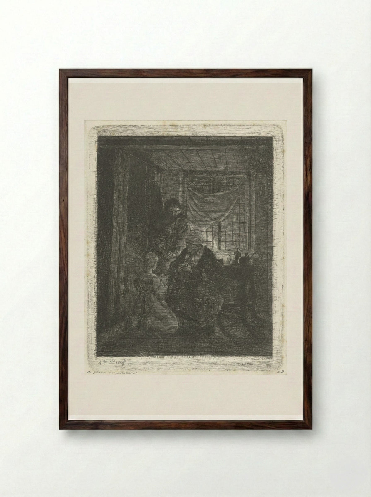 Biddend gezin voor een bedstede - Jacobus Ludovicus Cornet - Framed Print Dark Wood
