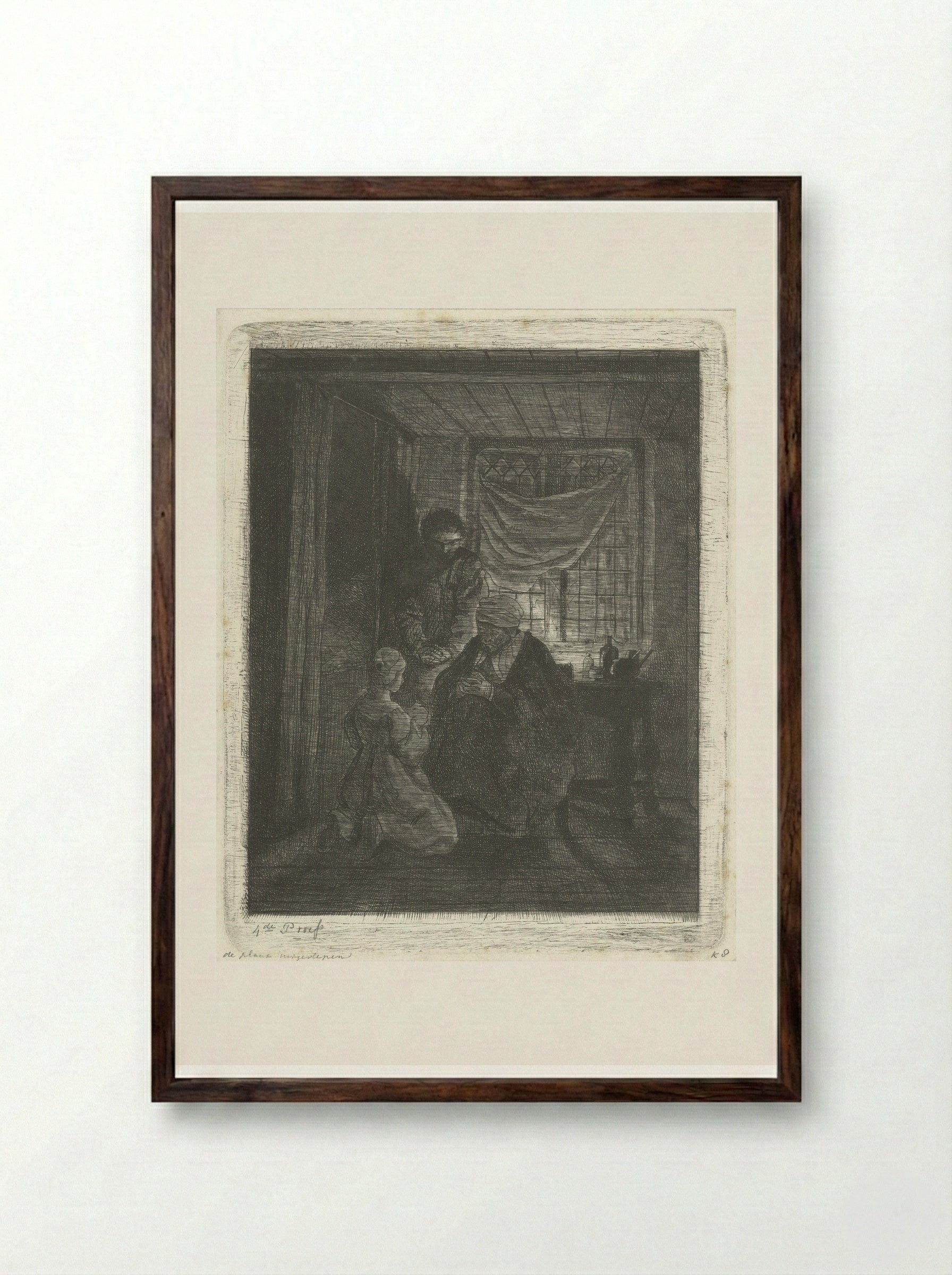 Biddend gezin voor een bedstede - Jacobus Ludovicus Cornet - Framed Print Dark Wood