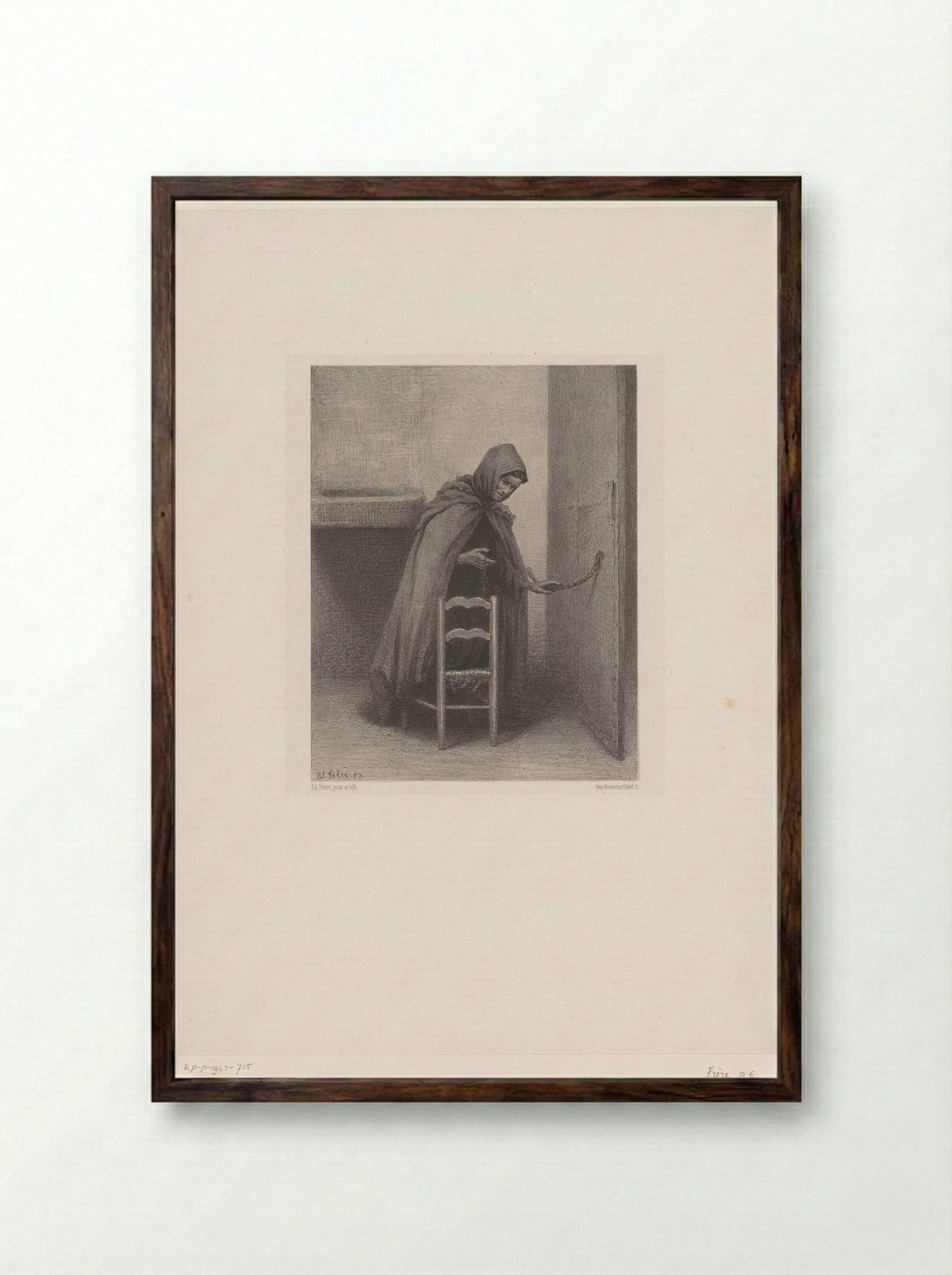 Biddende monnik met rozenkrans in een cel - Édouard Frère - Framed Print Dark Wood