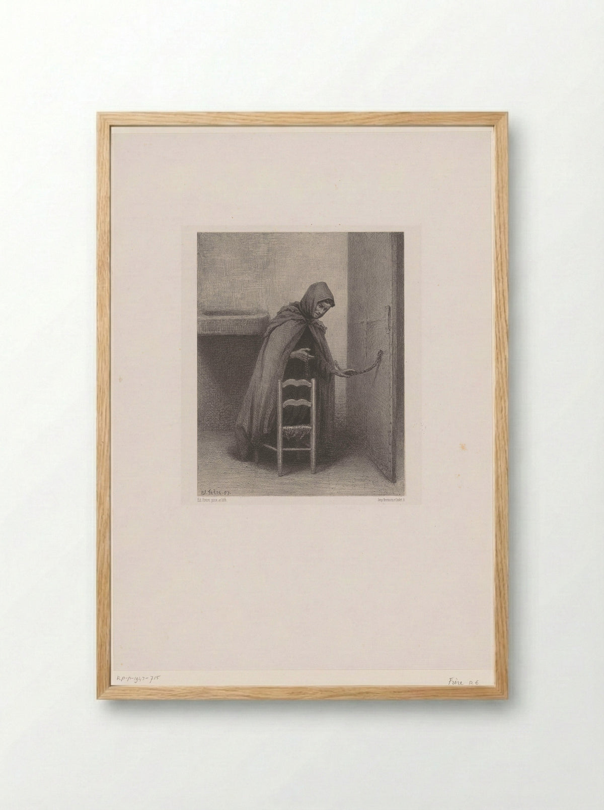 Biddende monnik met rozenkrans in een cel - Édouard Frère - Framed Print Wood