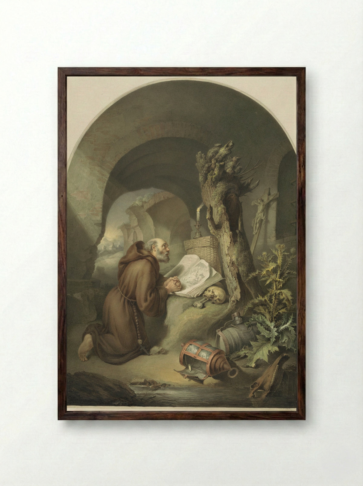 Biddende monnik naar G. Dou - Michał Płoński - Framed Print Dark Wood