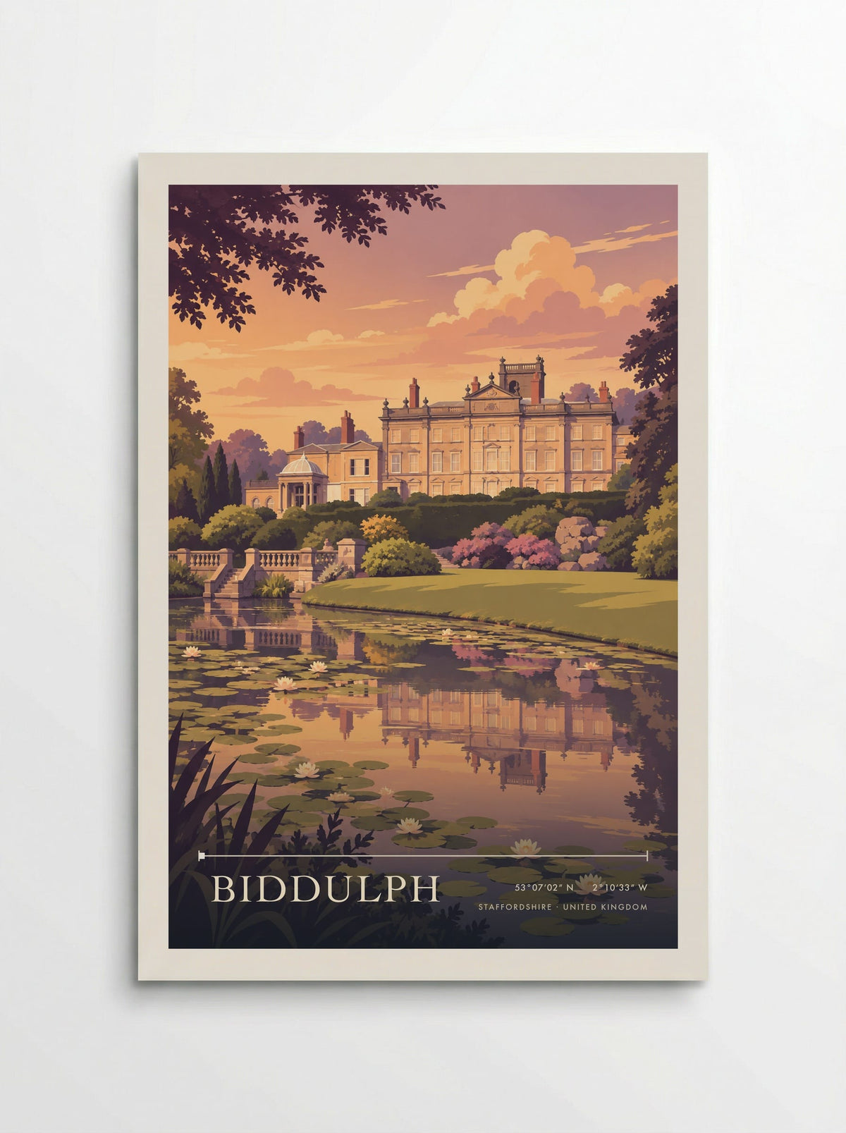 Biddulph, Staffordshire travel poster: a glowing house, flowering waterlilies and reflections beneath a peach sky