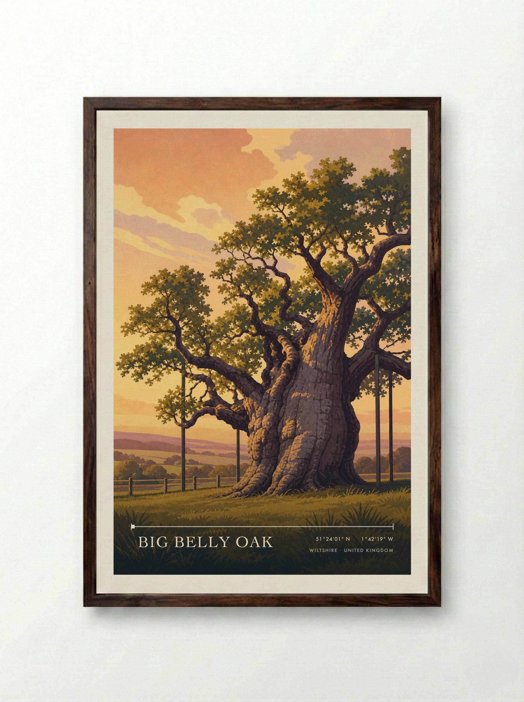 Big Belly Oak Wiltshire United Kingdom Travel Poster - Framed Print Dark Wood