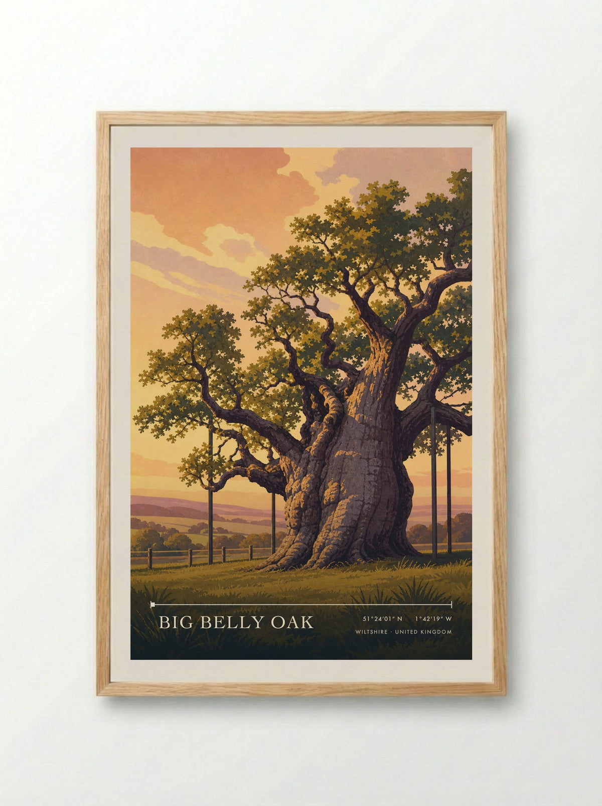 Big Belly Oak Wiltshire United Kingdom Travel Poster - Framed Print Wood