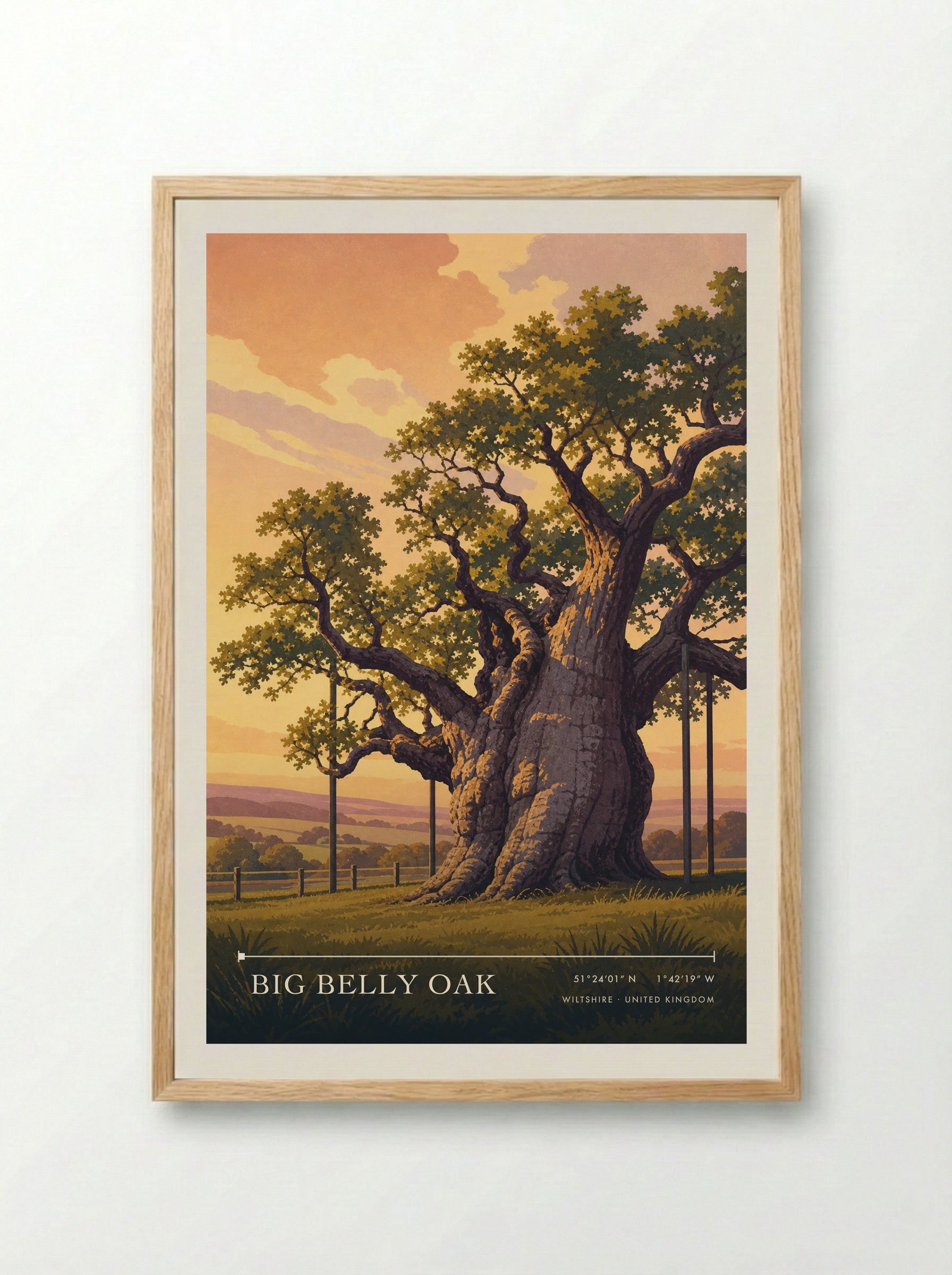 Big Belly Oak Wiltshire United Kingdom Travel Poster - Framed Print Wood
