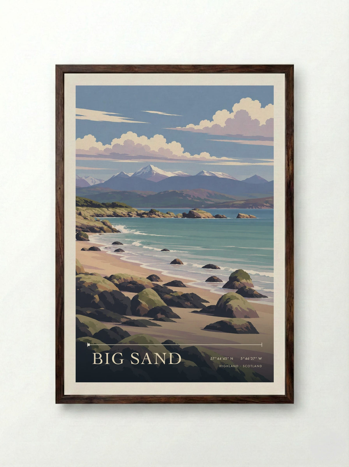 Big Sand, Highland | Travel Poster - Framed Print Dark Wood